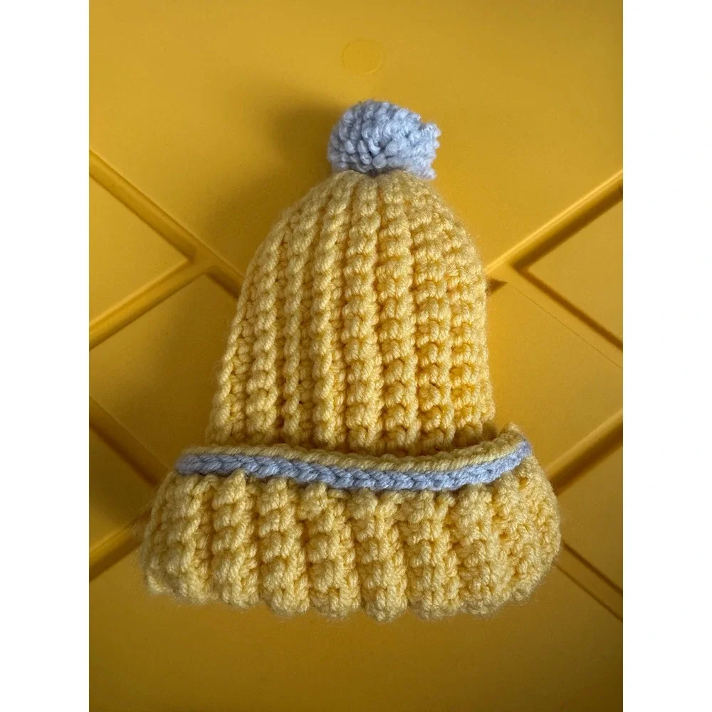 Handmade Kids Chunky Knit Beanie Yellow Grey Pom Pom Ribbed Winter Hat